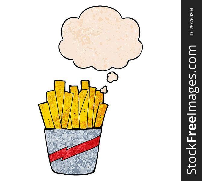 Cartoon Box Of Fries And Thought Bubble In Grunge Texture Pattern Style