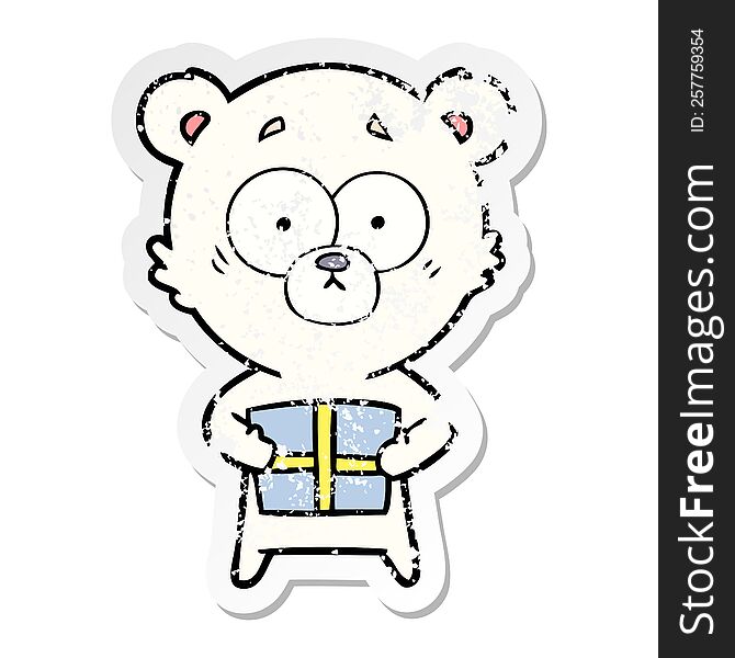 distressed sticker of a nervous polar bear cartoon with gift