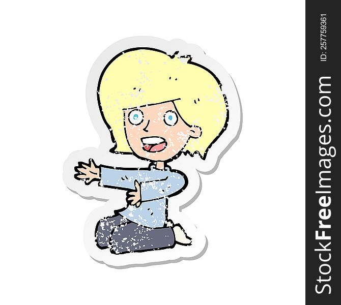 retro distressed sticker of a cartoon shocked woman on knees