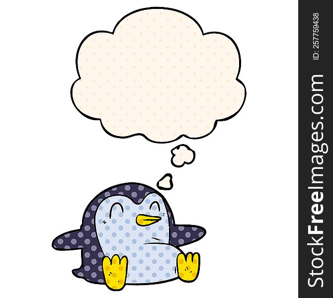 Cartoon Penguin And Thought Bubble In Comic Book Style