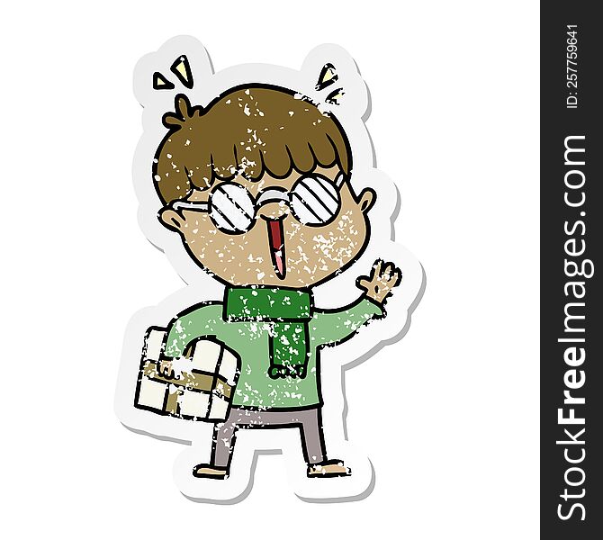 Distressed Sticker Of A Cartoon Boy With Parcel Waving