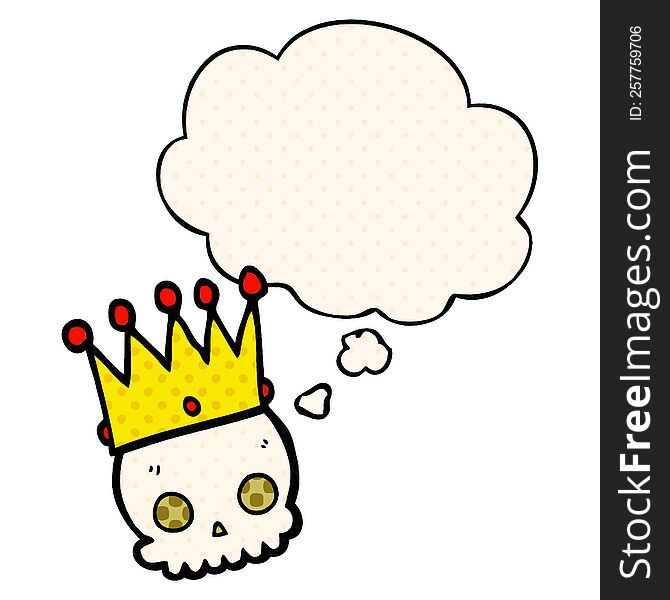 Cartoon Skull With Crown And Thought Bubble In Comic Book Style
