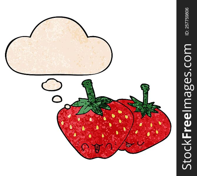 Cartoon Strawberries And Thought Bubble In Grunge Texture Pattern Style