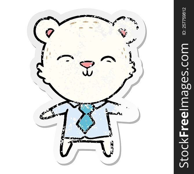distressed sticker of a happy cartoon polar bear office worker