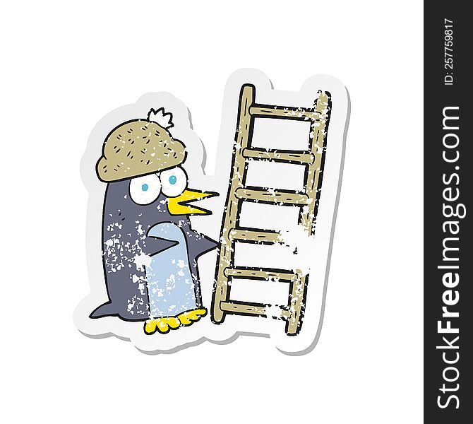 Retro Distressed Sticker Of A Cartoon Penguin With Ladder