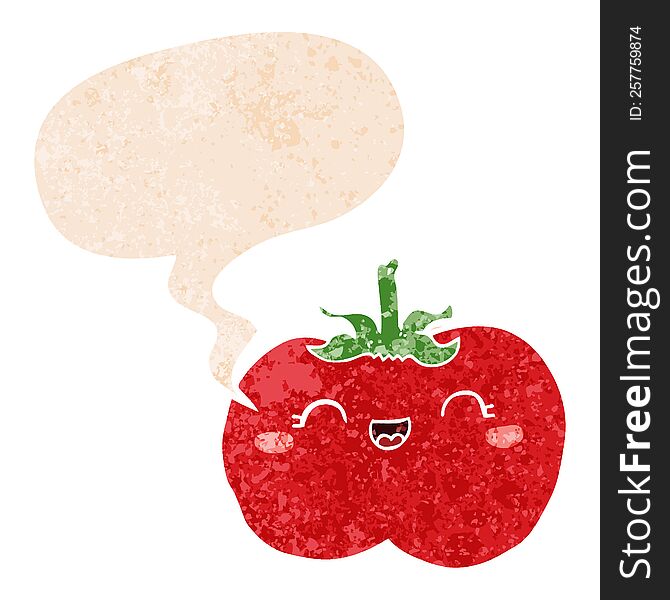 Cartoon Tomato And Speech Bubble In Retro Textured Style