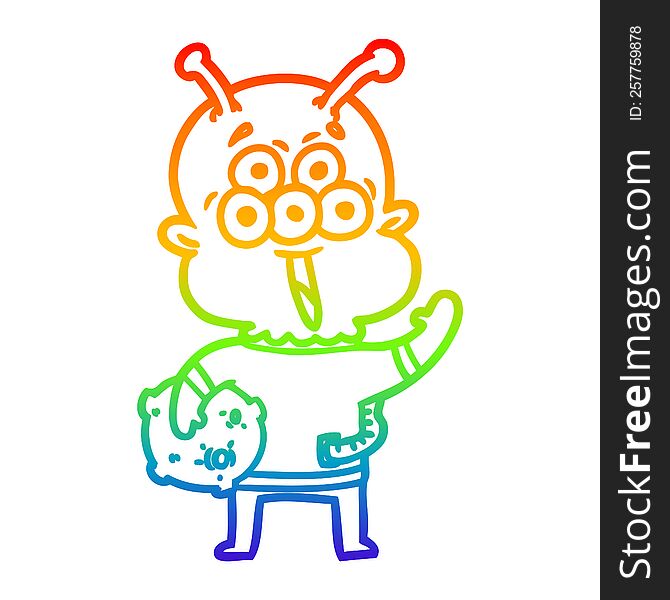 Rainbow Gradient Line Drawing Happy Cartoon Alien With Moon Rock