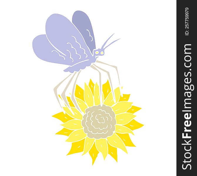 flat color illustration of butterfly on flower. flat color illustration of butterfly on flower