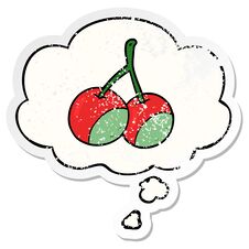 Cartoon Cherries And Thought Bubble As A Distressed Worn Sticker Stock Photo