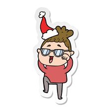 Sticker Cartoon Of A Happy Woman Wearing Spectacles Wearing Santa Hat Stock Photos