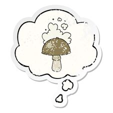 Free Cartoon Mushroom With Spore Cloud And Thought Bubble As A Distressed Worn Sticker Stock Photos - 257767303