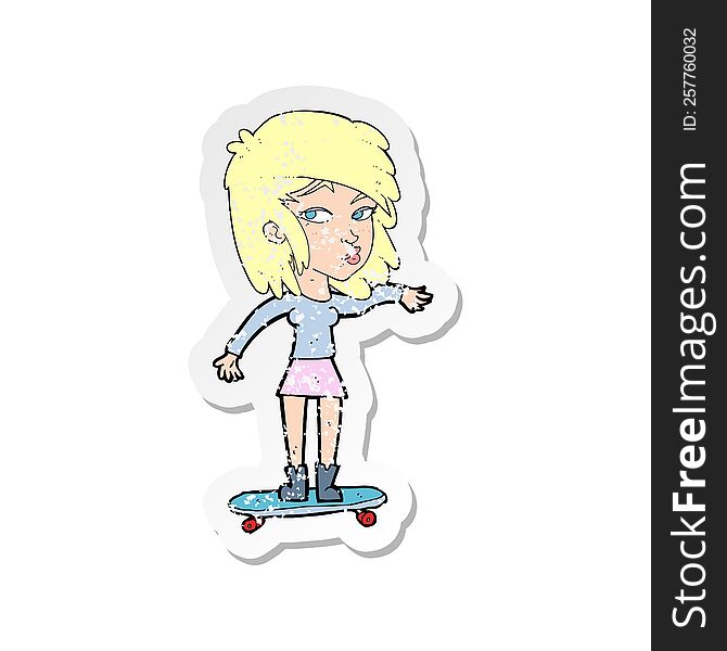 retro distressed sticker of a cartoon woman on skateboard