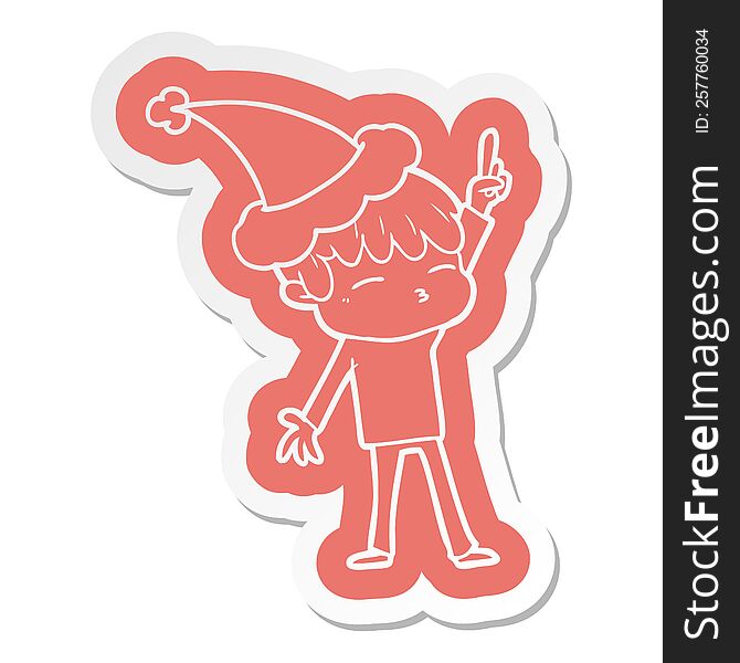 Cartoon  Sticker Of A Curious Boy Wearing Santa Hat