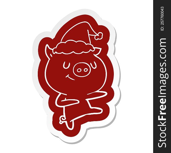 Happy Cartoon  Sticker Of A Pig Dancing Wearing Santa Hat