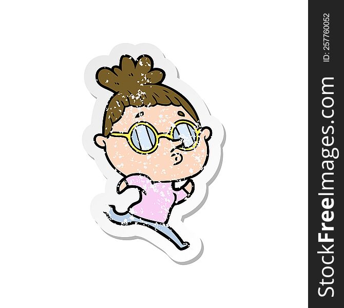 Distressed Sticker Of A Cartoon Woman Wearing Glasses