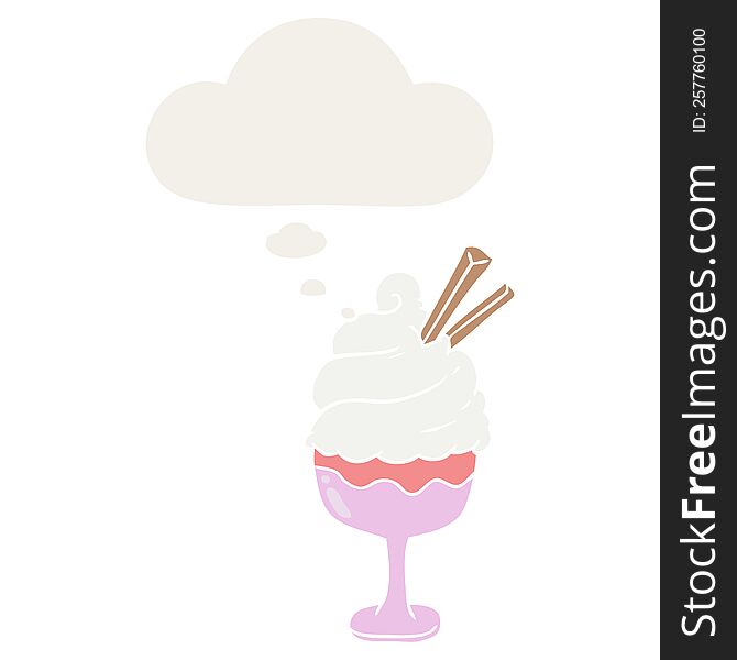 cartoon ice cream with thought bubble in retro style