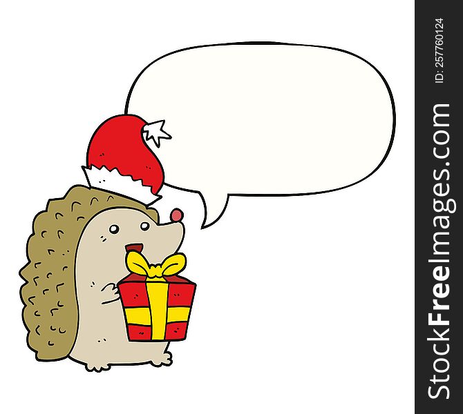 cartoon hedgehog wearing christmas hat with speech bubble