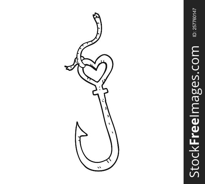 freehand drawn black and white cartoon love heart fish hook