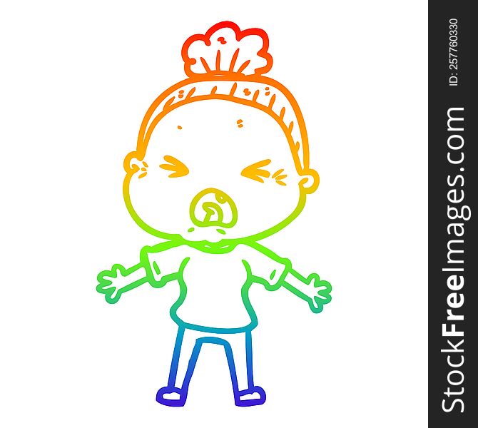 rainbow gradient line drawing of a cartoon angry old woman
