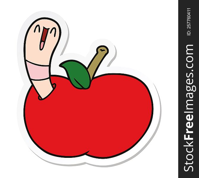 sticker of a cartoon worm in apple