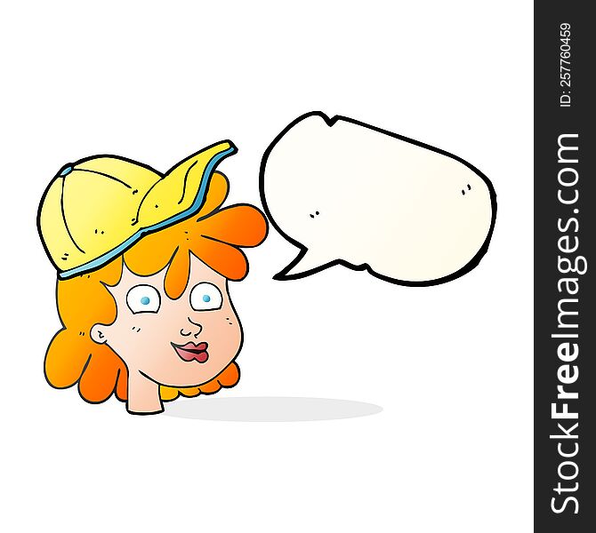 freehand drawn speech bubble cartoon woman wearing cap. freehand drawn speech bubble cartoon woman wearing cap