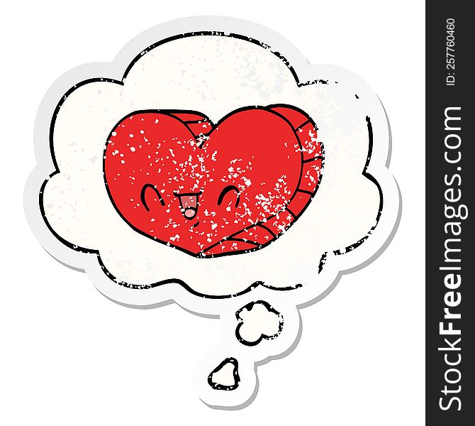 cartoon love heart with thought bubble as a distressed worn sticker