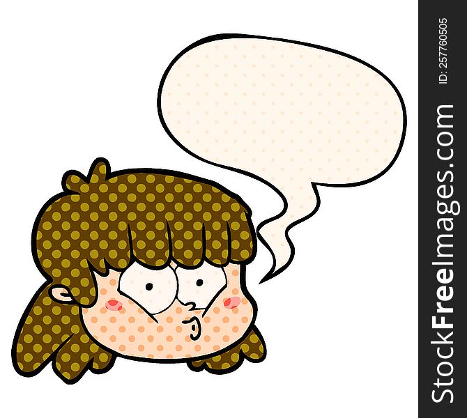 Cartoon Female Face And Speech Bubble In Comic Book Style