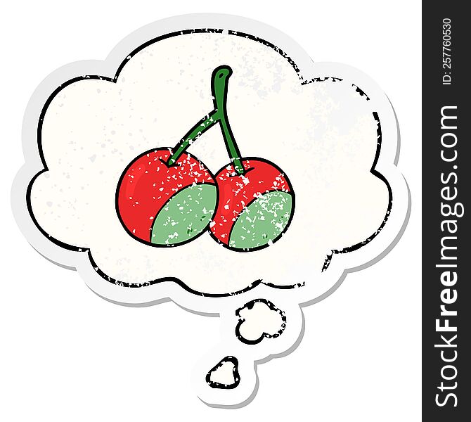cartoon cherries and thought bubble as a distressed worn sticker