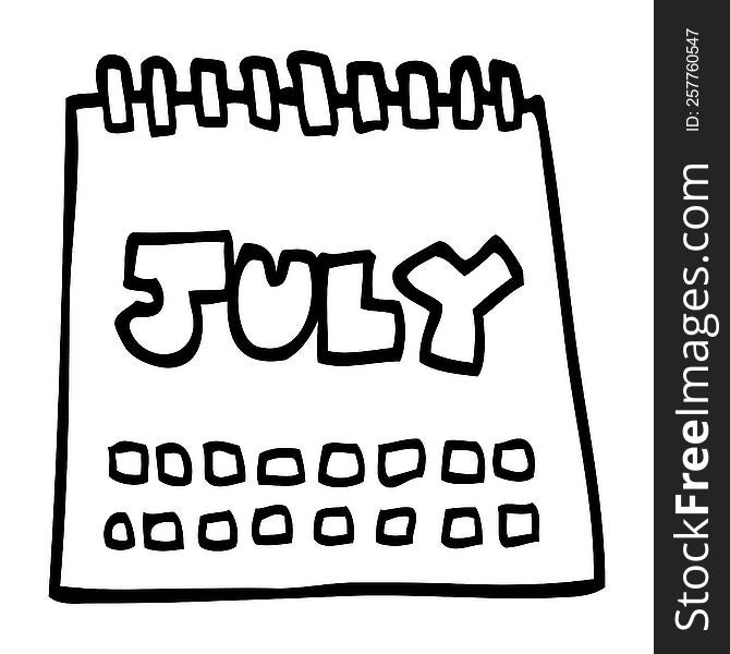 line drawing cartoon calendar showing month of july