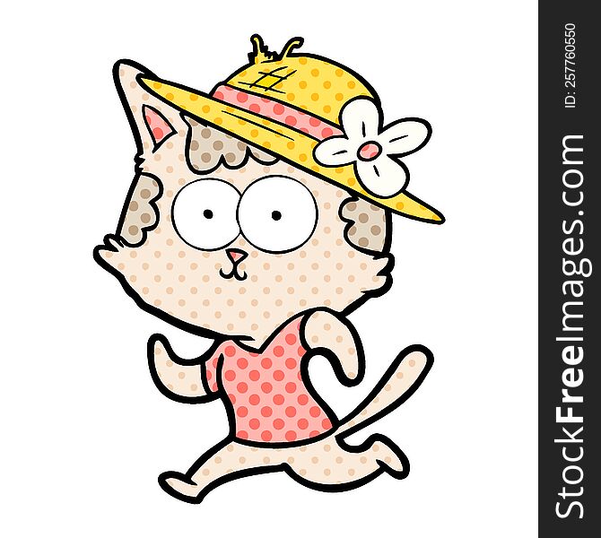 happy cartoon cat jogging in hat. happy cartoon cat jogging in hat