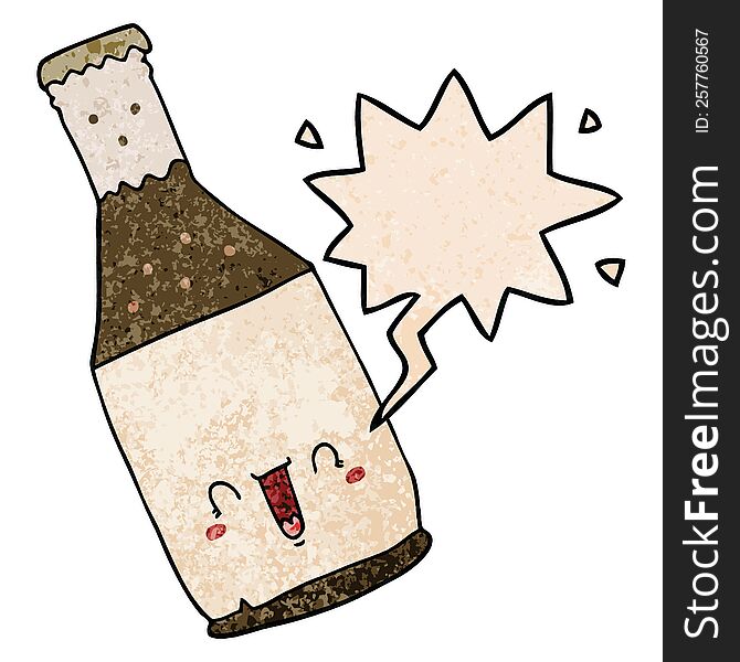 cartoon beer bottle and speech bubble in retro texture style