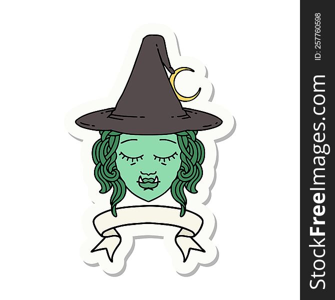 sticker of a half orc witch character face with banner. sticker of a half orc witch character face with banner