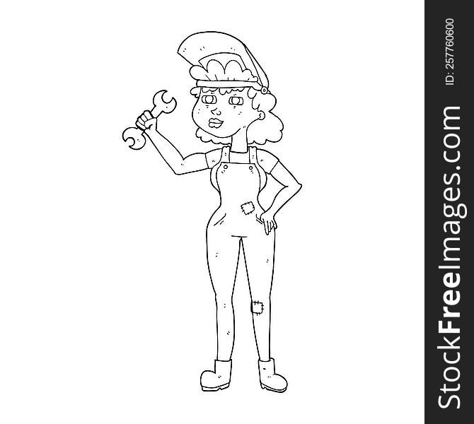 Black And White Cartoon Woman With Spanner