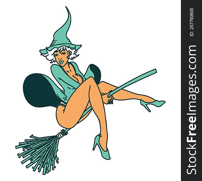 tattoo in traditional style of a pinup witch. tattoo in traditional style of a pinup witch