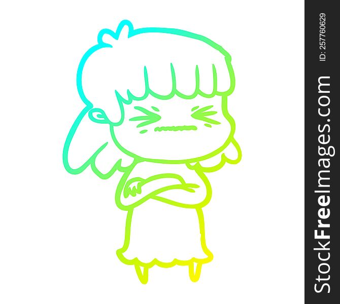 cold gradient line drawing of a cartoon angry girl