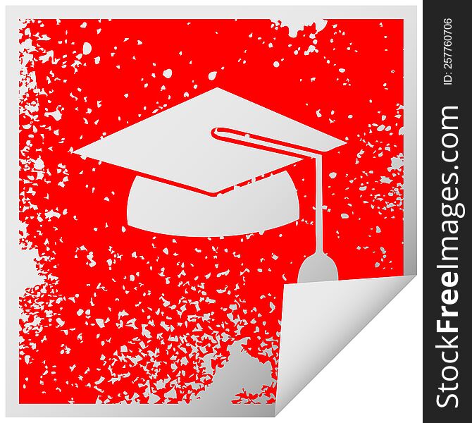distressed square peeling sticker symbol of a graduation cap
