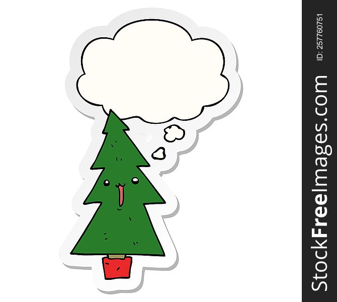 Cartoon Christmas Tree And Thought Bubble As A Printed Sticker