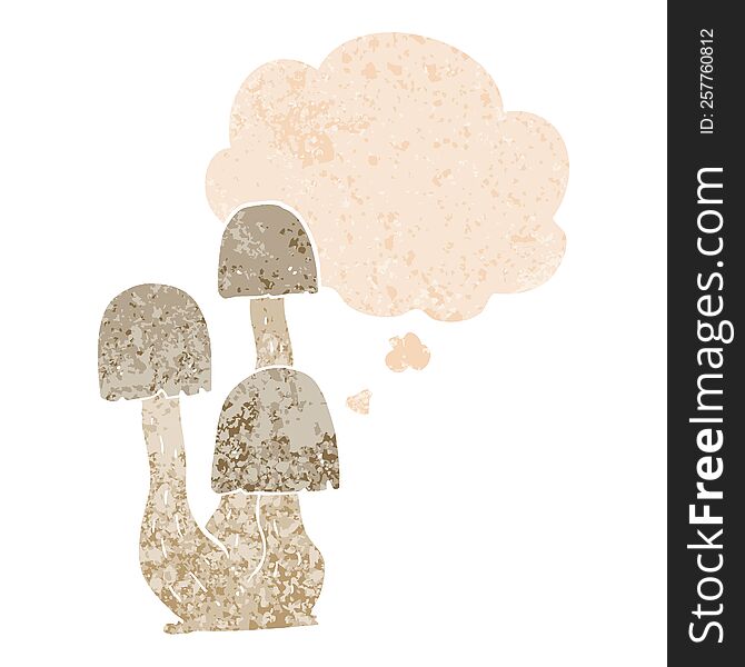 cartoon mushroom with thought bubble in grunge distressed retro textured style. cartoon mushroom with thought bubble in grunge distressed retro textured style