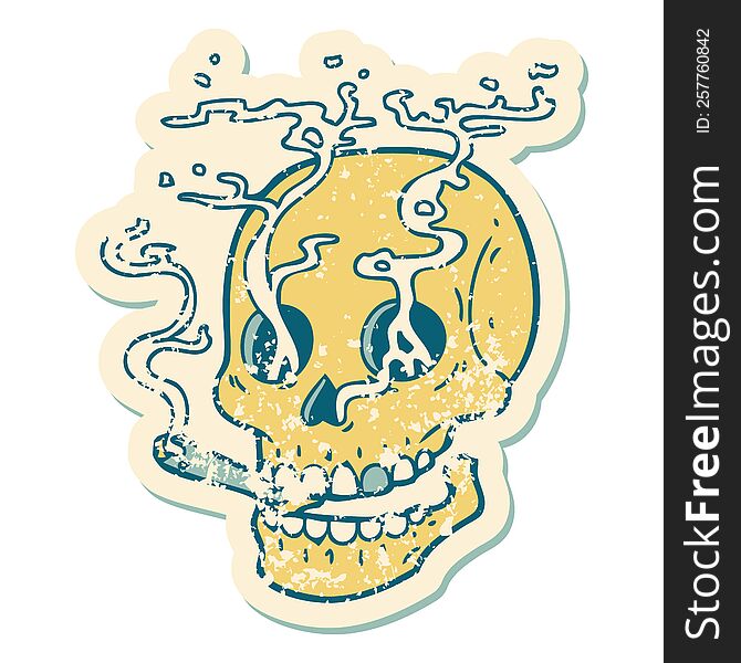 Distressed Sticker Tattoo Style Icon Of A Skull Smoking