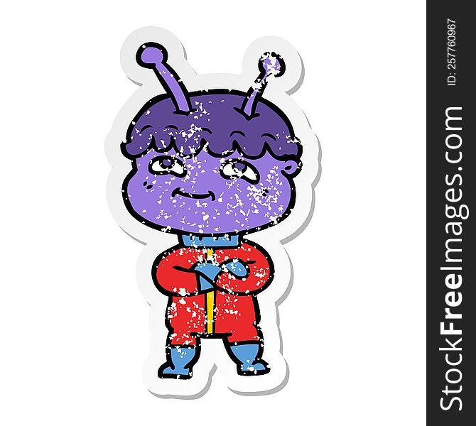 Distressed Sticker Of A Friendly Cartoon Spaceman