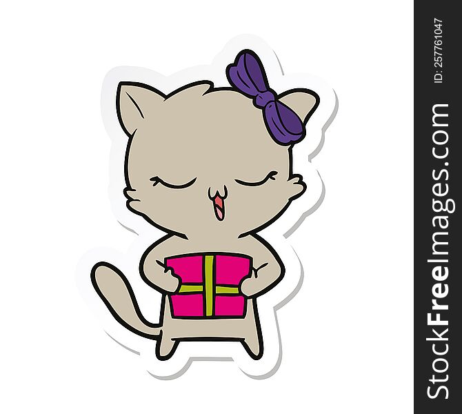 sticker of a cartoon girl cat with christmas present