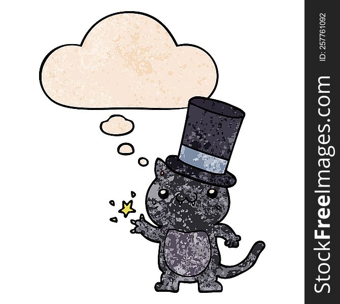 Cartoon Cat Wearing Top Hat And Thought Bubble In Grunge Texture Pattern Style