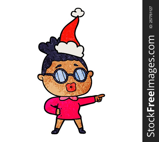 hand drawn textured cartoon of a pointing woman wearing spectacles wearing santa hat