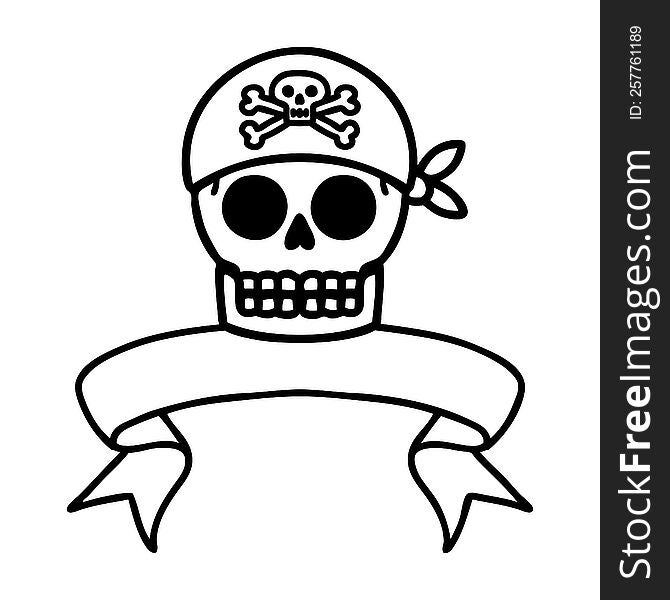 Black Linework Tattoo With Banner Of A Pirate Skull