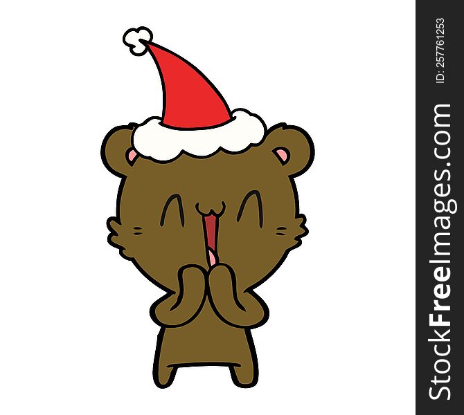 happy bear hand drawn line drawing of a wearing santa hat. happy bear hand drawn line drawing of a wearing santa hat