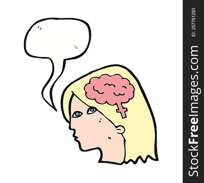 Cartoon Female Head With Brain Symbol With Speech Bubble