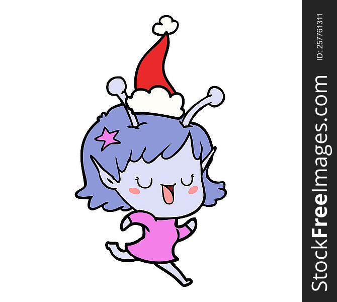 Happy Alien Girl Line Drawing Of A Wearing Santa Hat