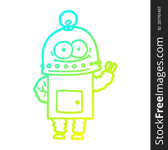 cold gradient line drawing of a happy carton robot with light bulb