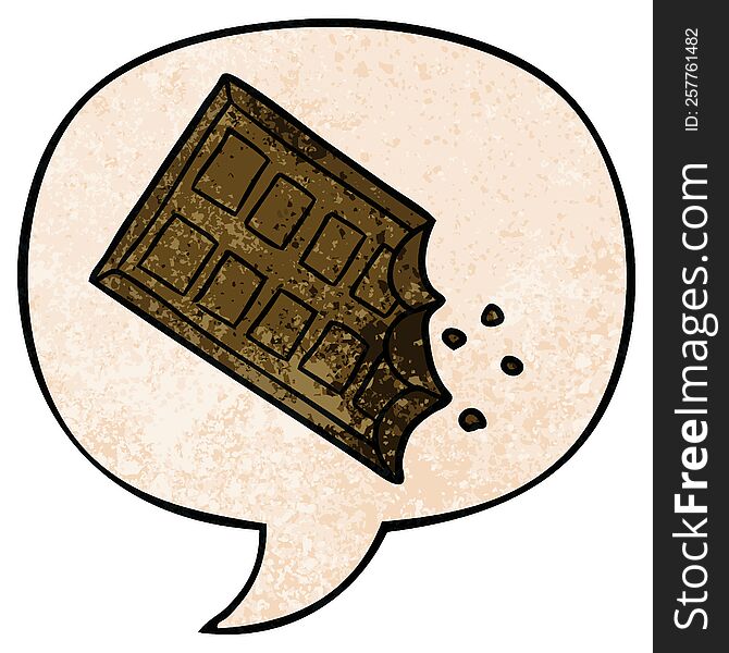 cartoon bar of chocolate with speech bubble in retro texture style