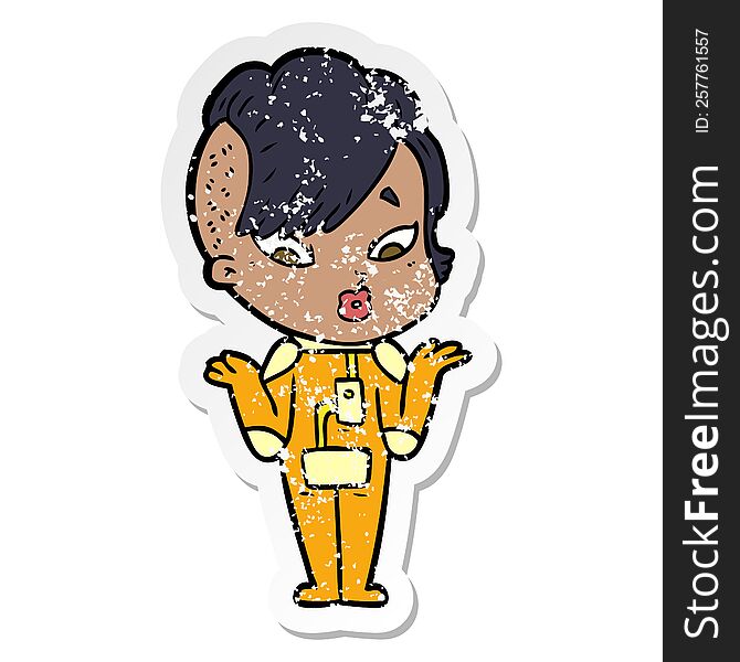 Distressed Sticker Of A Cartoon Surprised Girl In Science Fiction Clothes